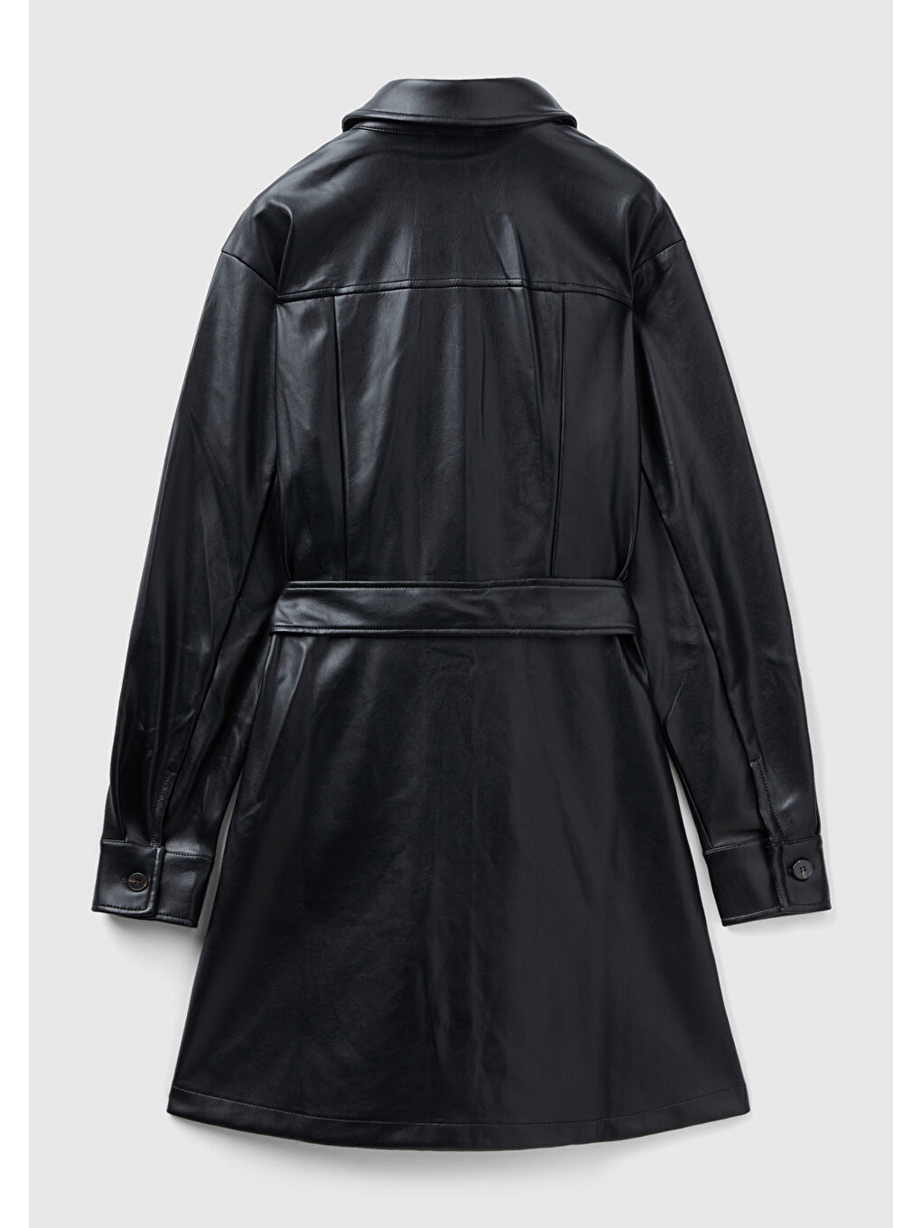 Kadın Siyah Suni Deri Gömlek Yaka Önden Düğmeli Mini Elbise-3