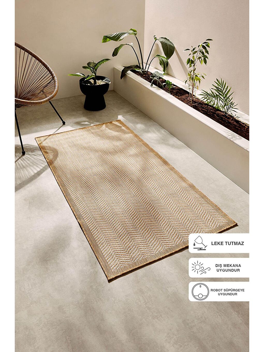 Ocean Home Textile Leke Tutmaz İç Dış Mekan Bej Renk Balıksırtı Halı Kilim 80 x 150 cm