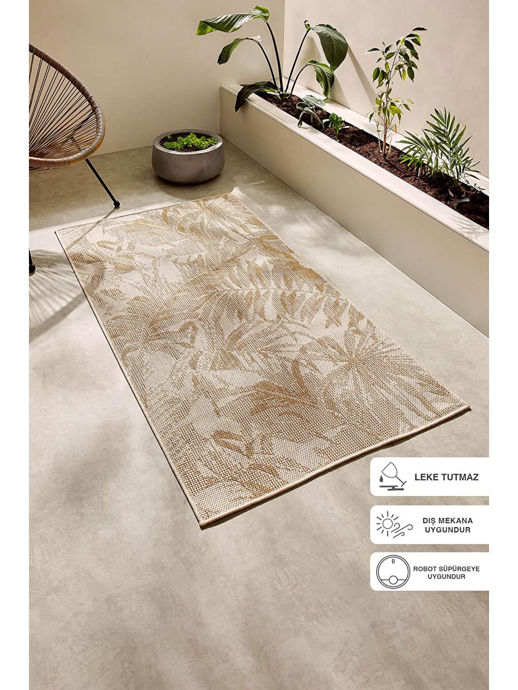 Ocean Home Textile Leke Tutmaz İç Dış Mekan Bej Renk Tropikal Desenli Halı Kilim 80 x 150 cm