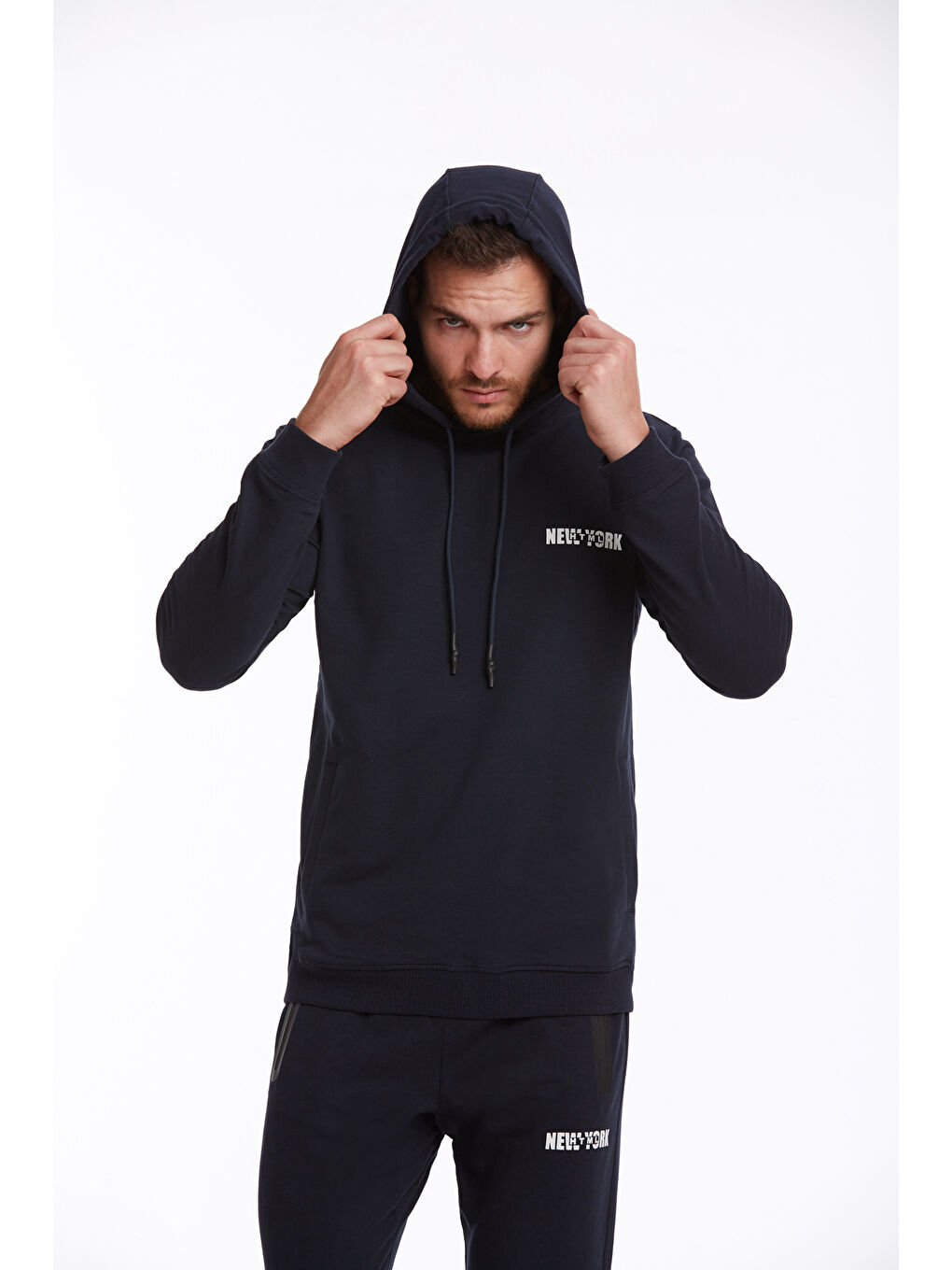 Hatemoğlu Lacivert Regular Fit Düz Pamuklu Kapüşonlu Kanguru Cepli Sweatshirt