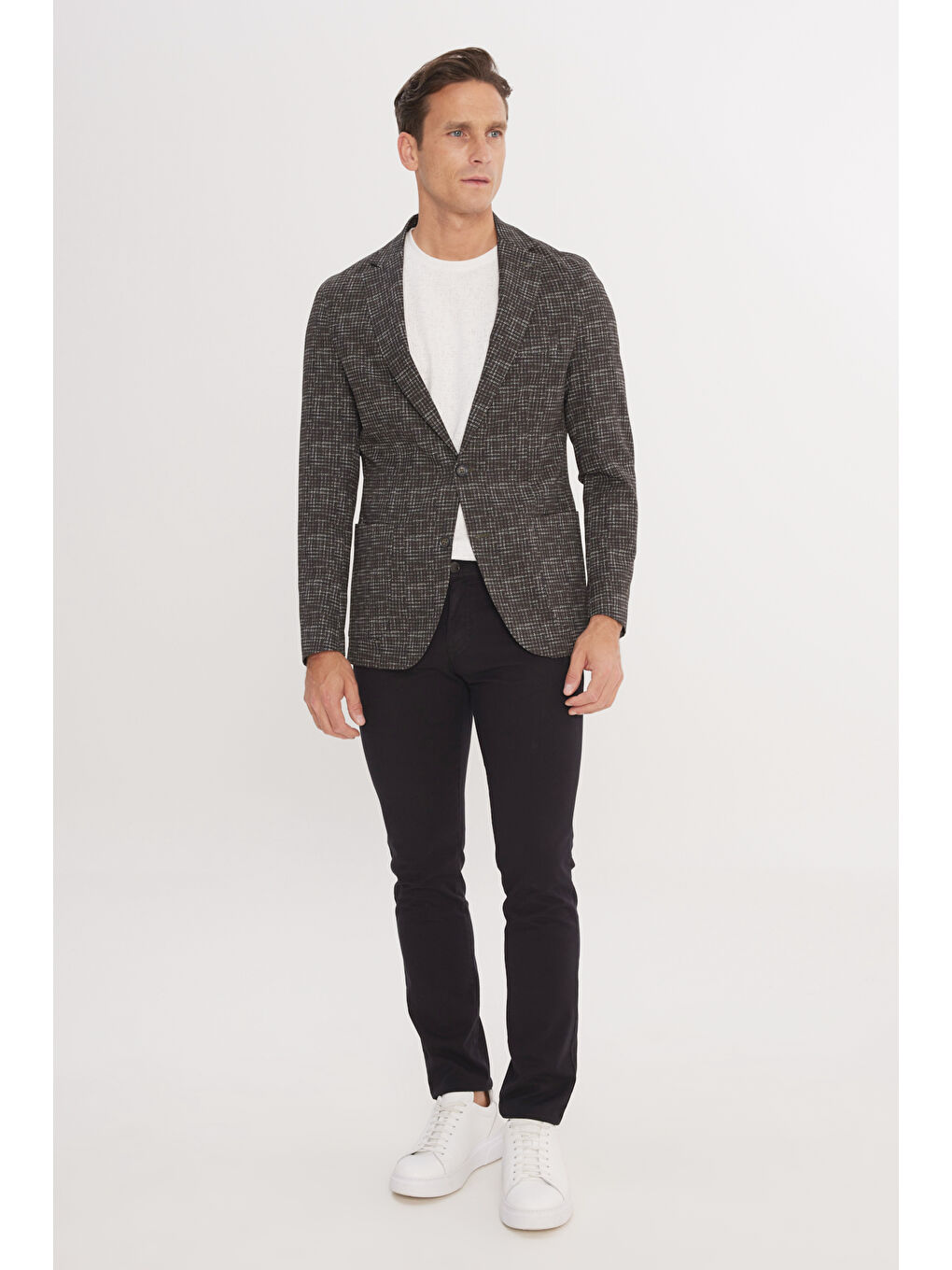 Erkek Haki Slim Fit Dar Kesim Mono Yaka Kazayağı Desenli Ceket-1