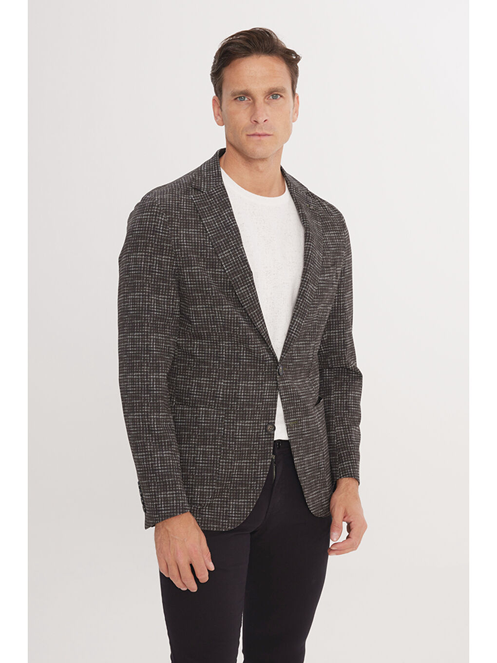 Erkek Haki Slim Fit Dar Kesim Mono Yaka Kazayağı Desenli Ceket-2