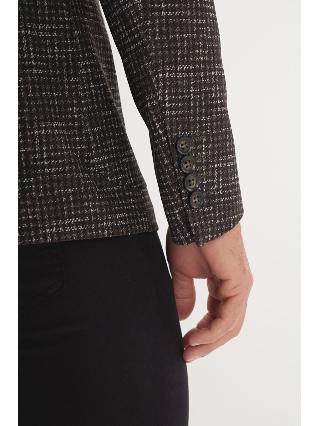 Erkek Haki Slim Fit Dar Kesim Mono Yaka Kazayağı Desenli Ceket-3