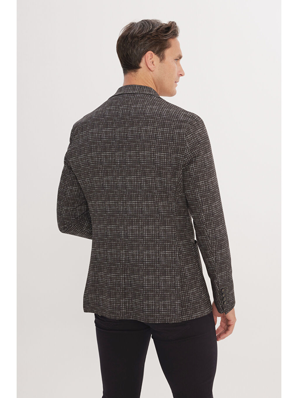 Erkek Haki Slim Fit Dar Kesim Mono Yaka Kazayağı Desenli Ceket-4