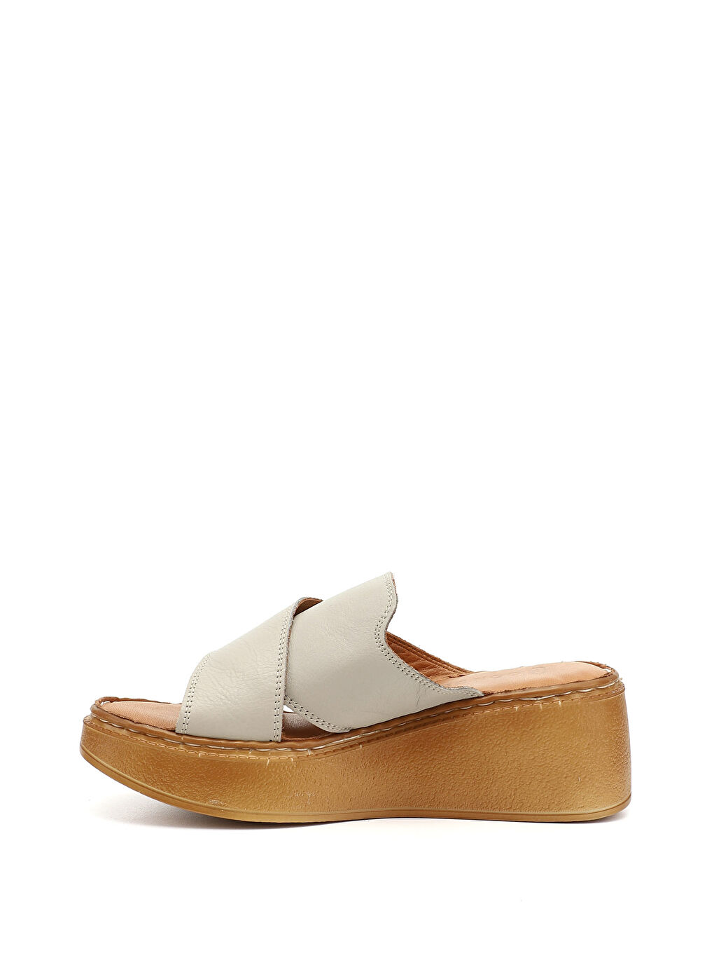 Ekru Kadın KREM Dolgu Taban Hakiki Deri Terlik-2