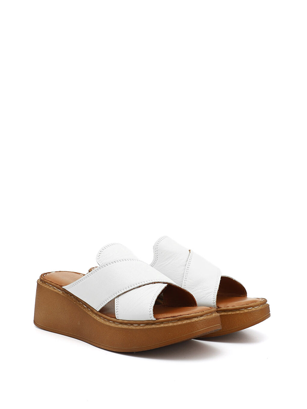 Beyaz Kadın BEYAZ-AÇIK GRİ Dolgu Taban Hakiki Deri Terlik-1