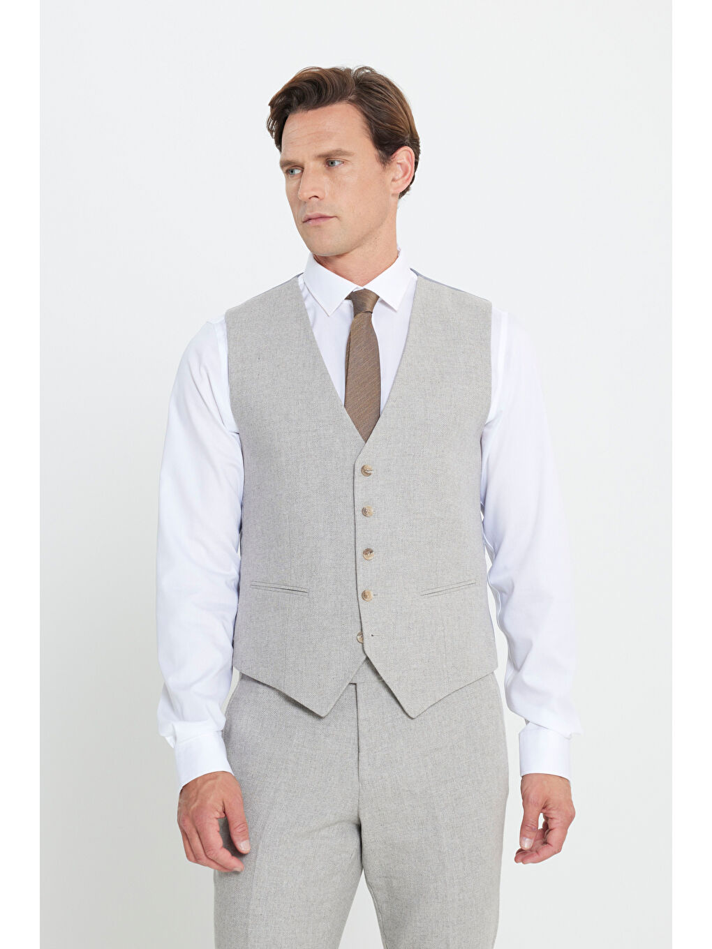 Erkek Bej Yünlü Slim Fit Dar Kesim Mono Yaka Diagonal Desenli Kapak Cepli Yelekli Takım Elbise-3