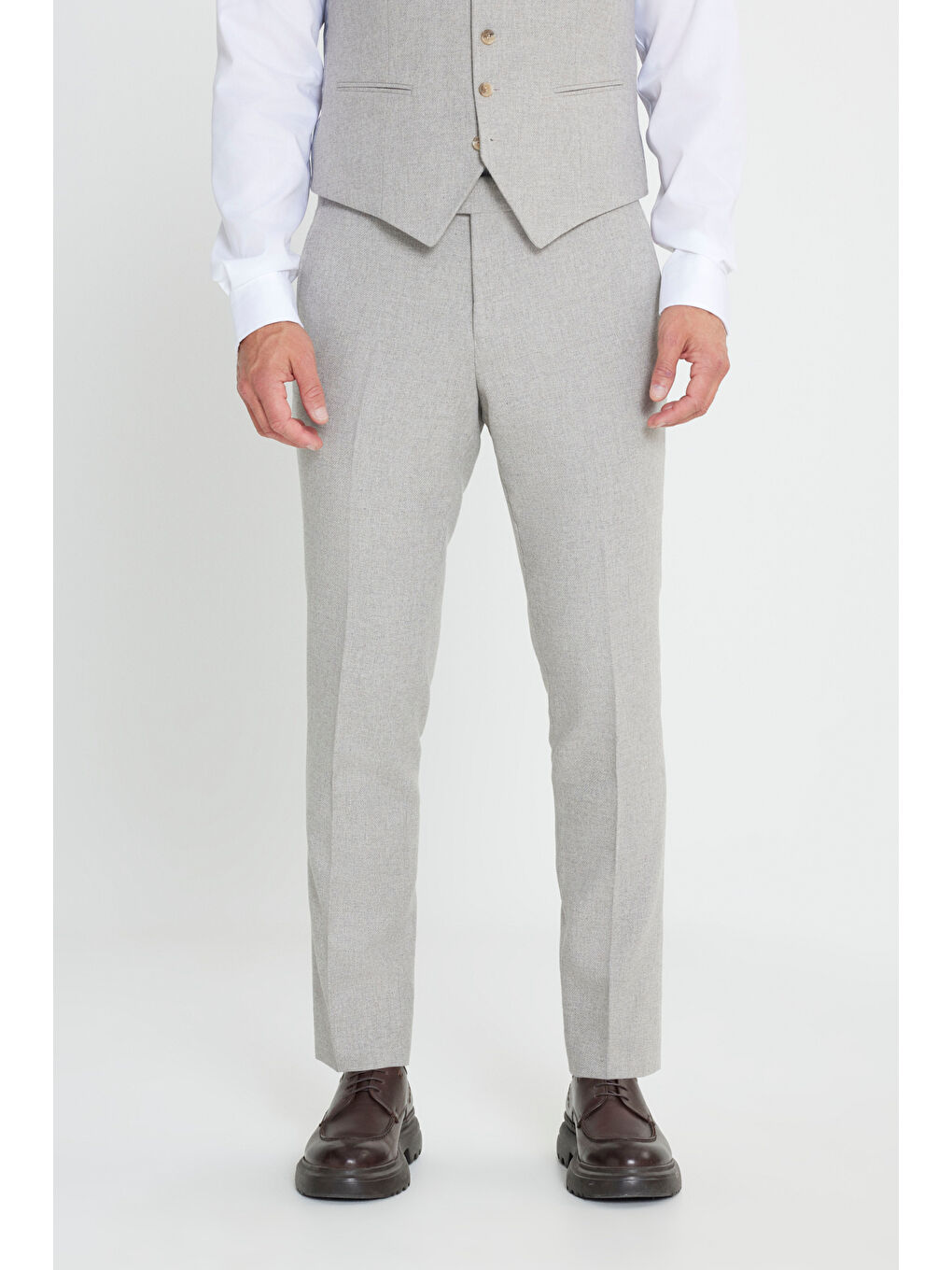 Erkek Bej Yünlü Slim Fit Dar Kesim Mono Yaka Diagonal Desenli Kapak Cepli Yelekli Takım Elbise-5