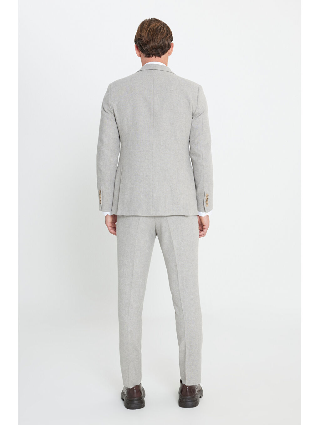 Erkek Bej Yünlü Slim Fit Dar Kesim Mono Yaka Diagonal Desenli Kapak Cepli Yelekli Takım Elbise-7