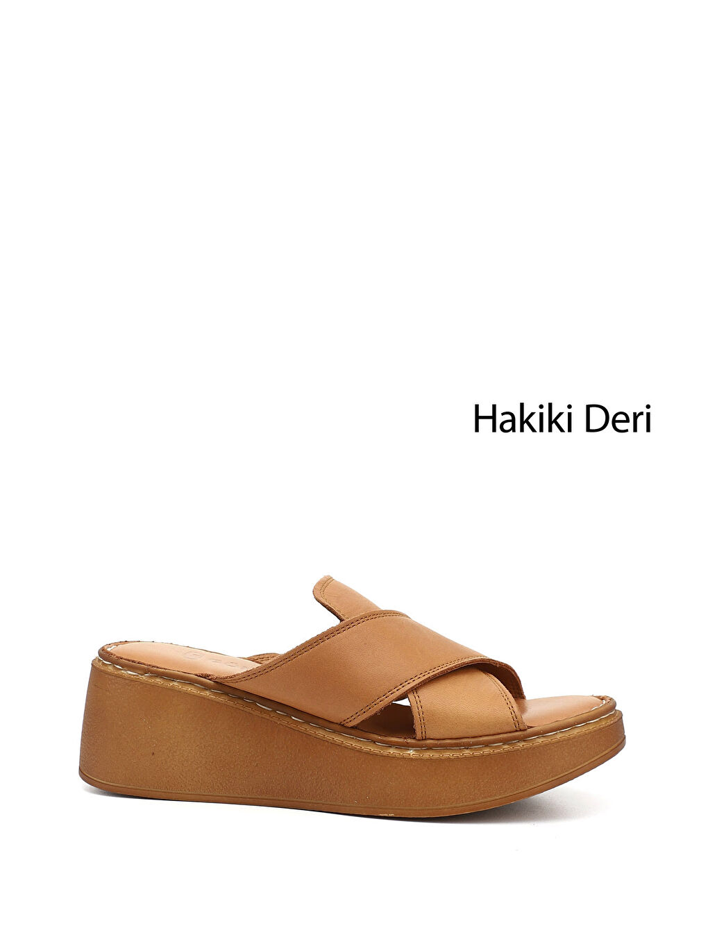Kahverengi Kadın Dolgu Taban Hakiki Deri Terlik