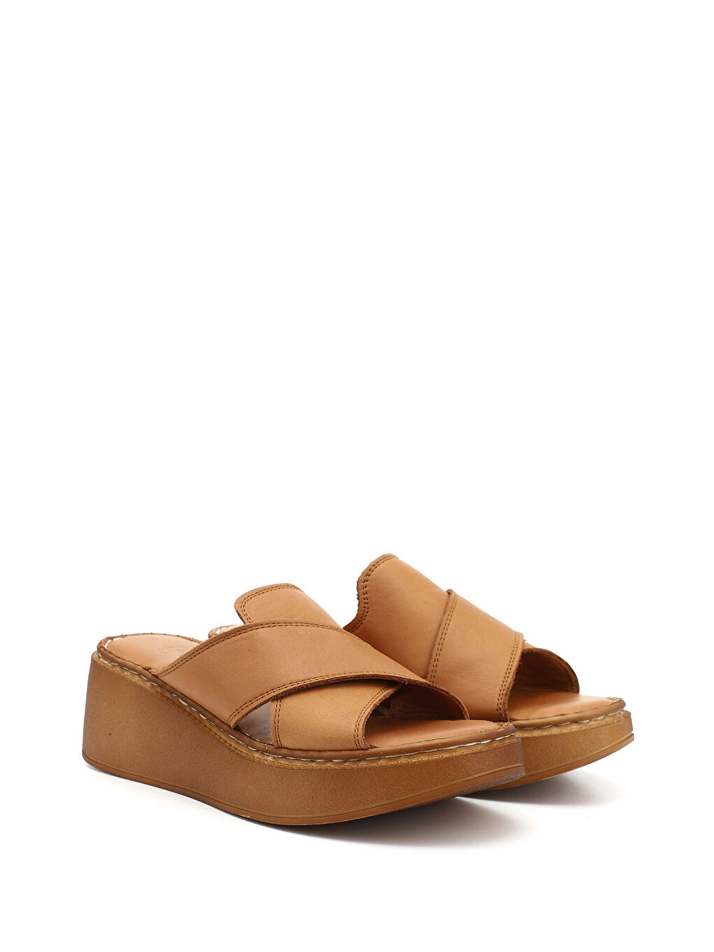 Kahverengi Kadın Dolgu Taban Hakiki Deri Terlik-1