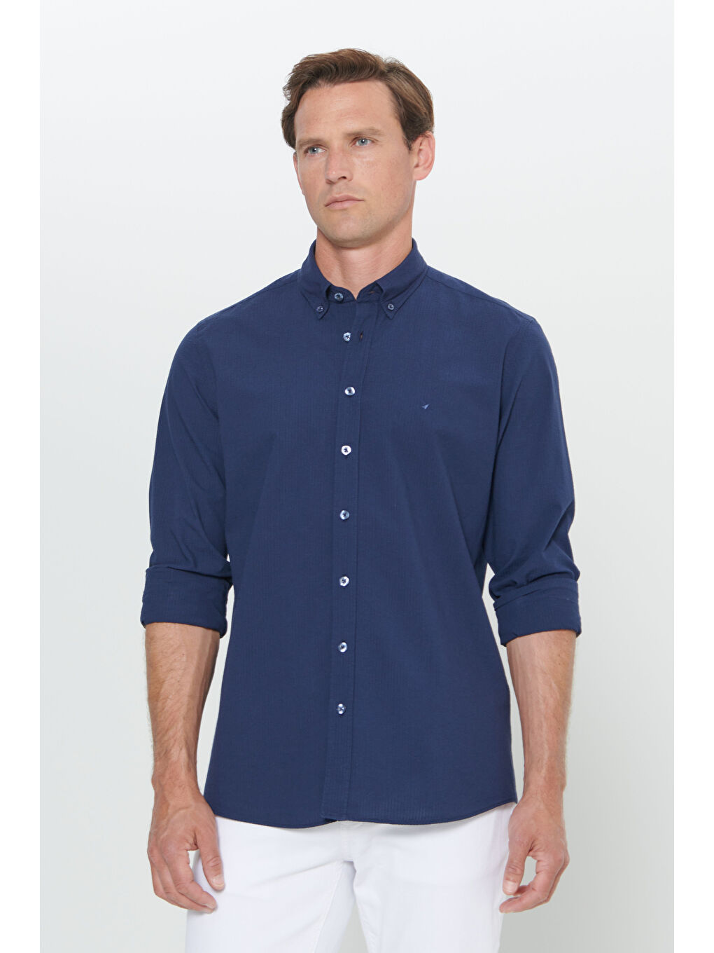 Erkek Lacivert Slim Fit Dar Kesim Düğmeli Yaka %100 Pamuk Gömlek