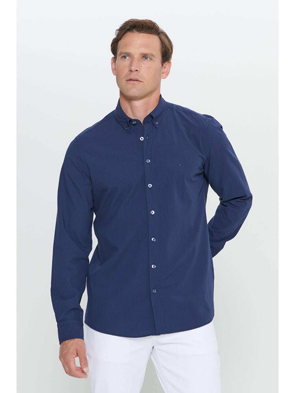 Erkek Lacivert Slim Fit Dar Kesim Düğmeli Yaka %100 Pamuk Gömlek-2