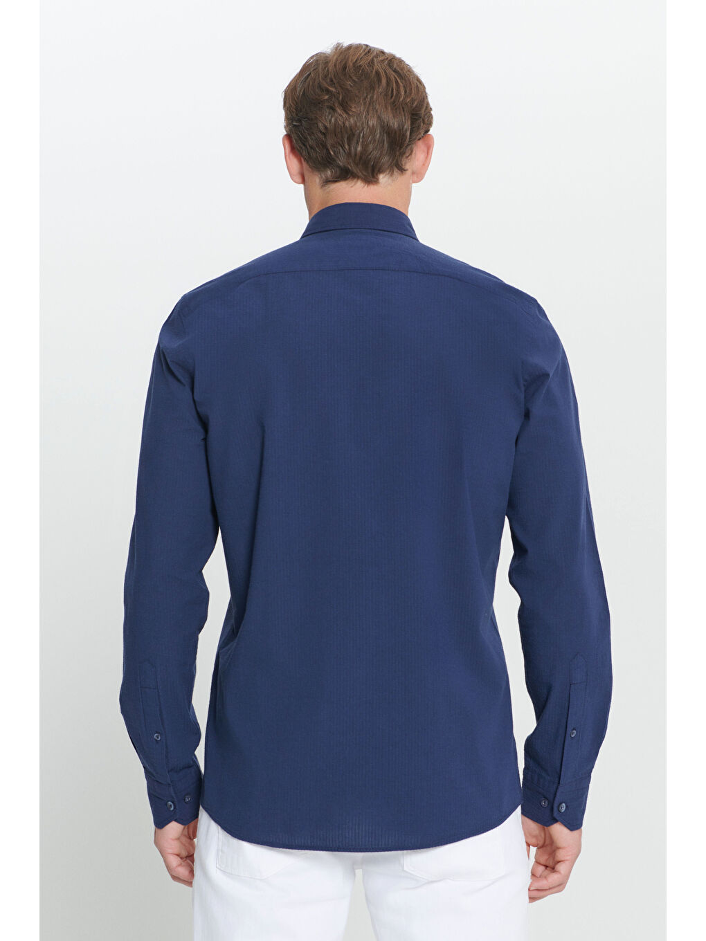 Erkek Lacivert Slim Fit Dar Kesim Düğmeli Yaka %100 Pamuk Gömlek-6