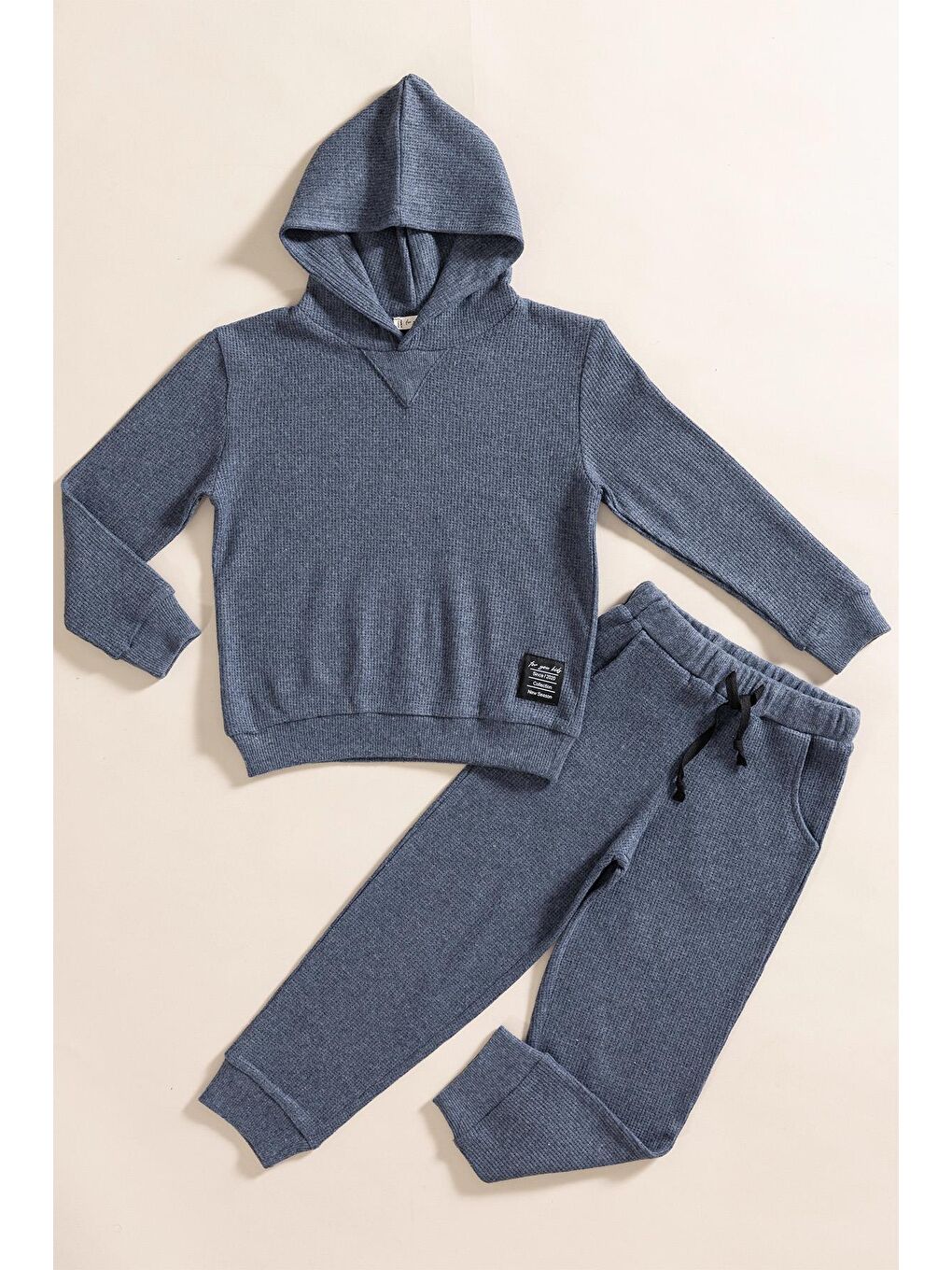 For You Kids 2 li Kapüşonlu İndigo Waffle Sweat Jogger Alt Üst Takım