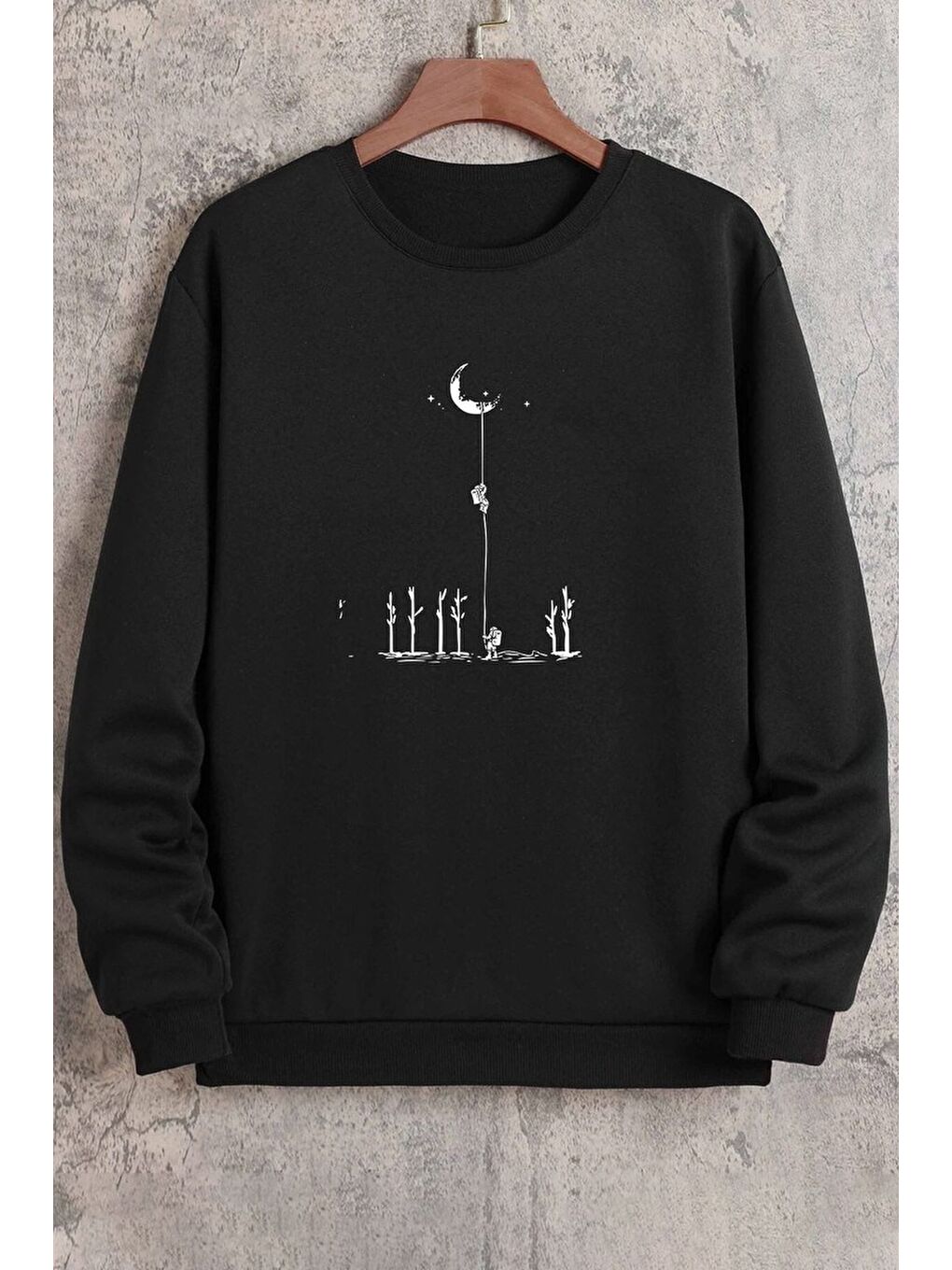 uyguntarz Siyah Unisex Uzay Temalı Bisiklet Yaka Sweatshirt