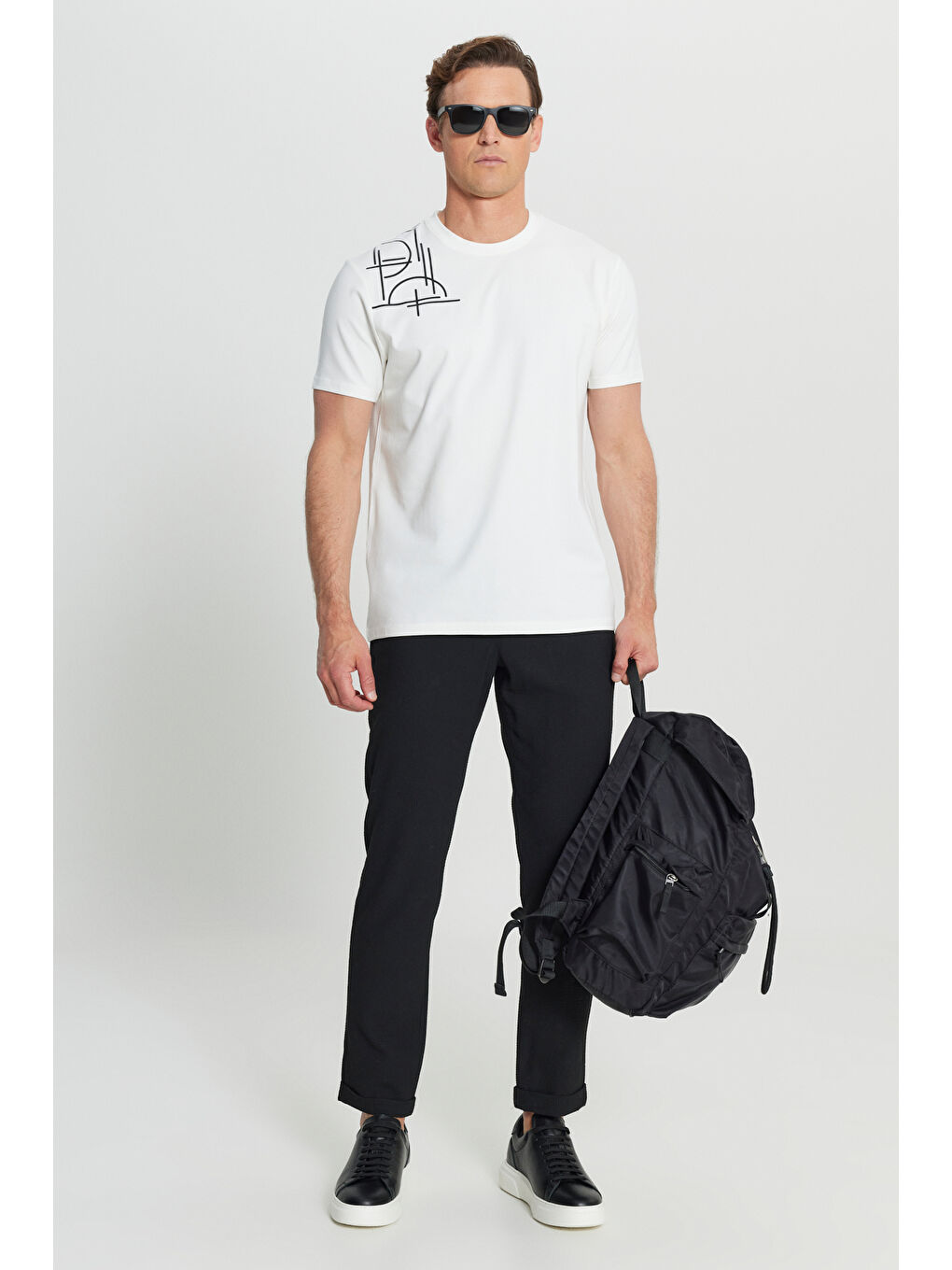 Erkek Ekru Pamuklu Slim Fit Dar Kesim Bisiklet Yaka Baskılı Esnek Tişört-1