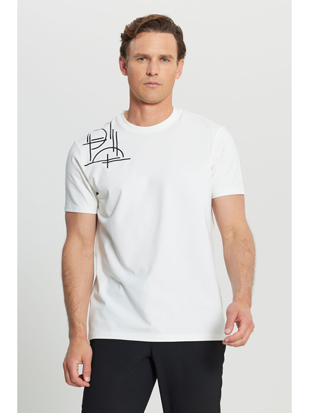 Erkek Ekru Pamuklu Slim Fit Dar Kesim Bisiklet Yaka Baskılı Esnek Tişört-2