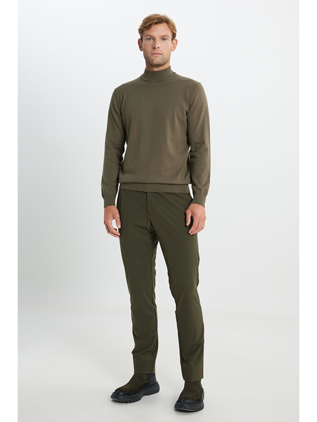 Erkek Haki Pamuklu Standart Fit Normal Kesim Yarım Balıkçı Yaka Triko Kazak-1