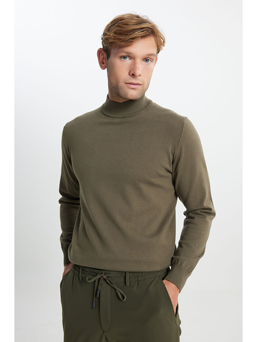 Erkek Haki Pamuklu Standart Fit Normal Kesim Yarım Balıkçı Yaka Triko Kazak-2