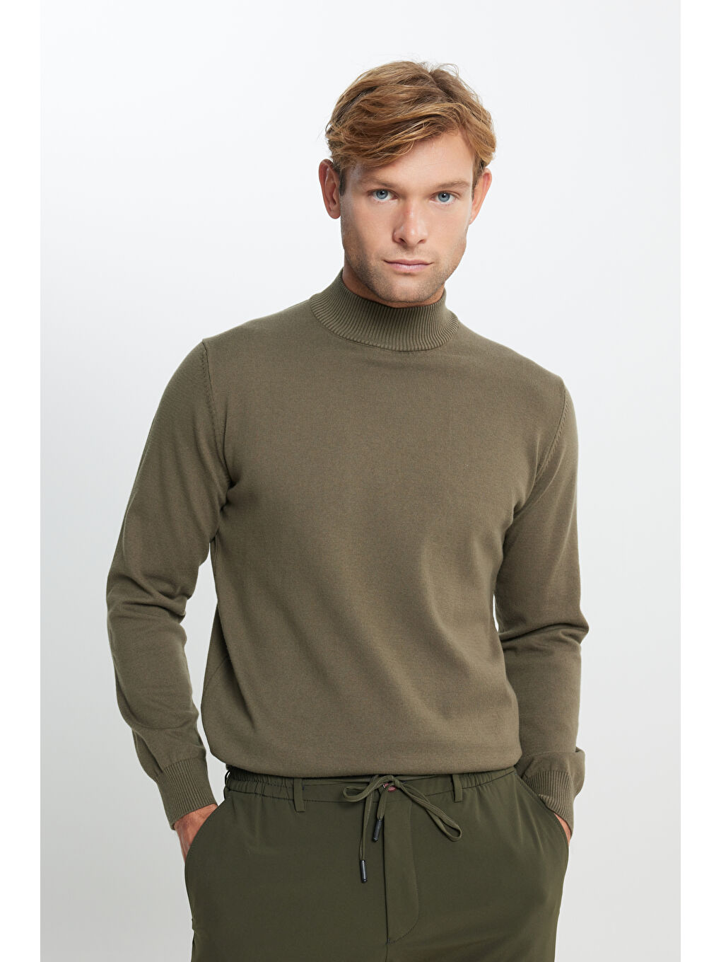 Erkek Haki Pamuklu Standart Fit Normal Kesim Yarım Balıkçı Yaka Triko Kazak-3