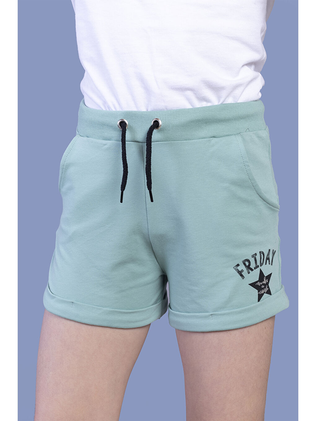 Yeşil Kız Çocuk İki Yanı Cepli Baskılı Şort