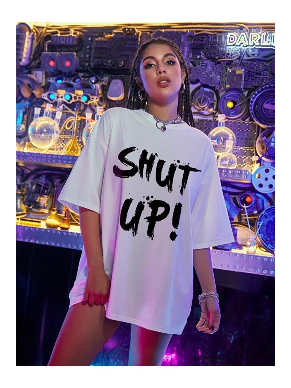 Trendseninle Beyaz Kadın Shut Up Beyaz Baskılı Oversize Tişört - 2