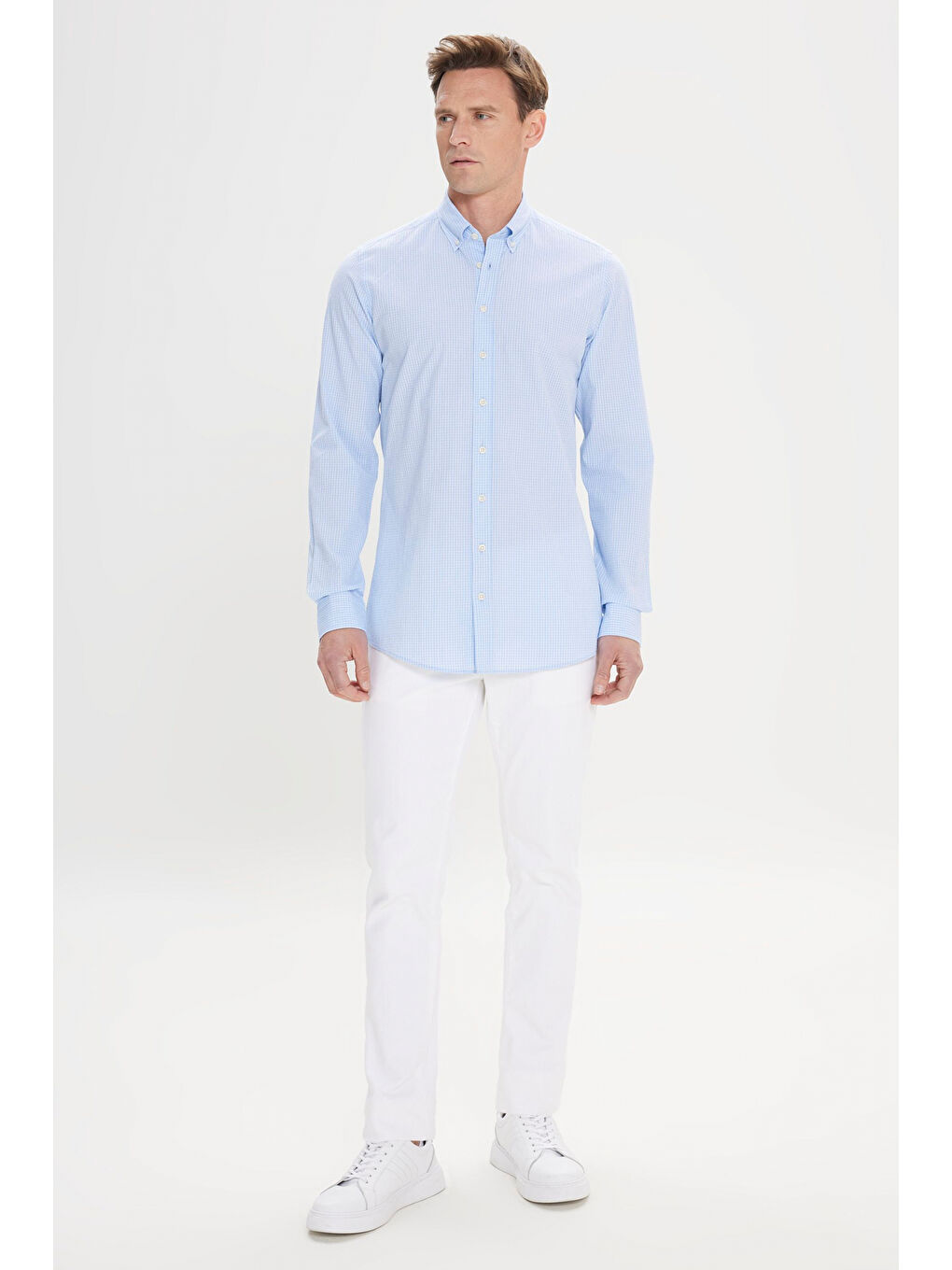 Erkek Beyaz-Mavi Comfort Fit Rahat Kesim Düğmeli Yaka Pamuklu Kareli Gömlek-1