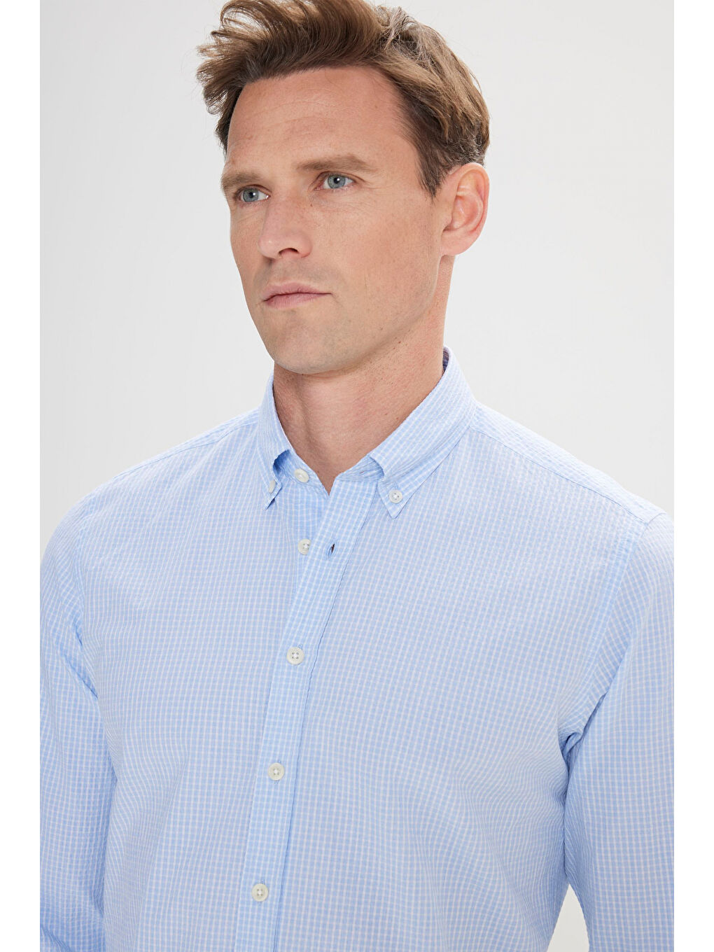 Erkek Beyaz-Mavi Comfort Fit Rahat Kesim Düğmeli Yaka Pamuklu Kareli Gömlek-2