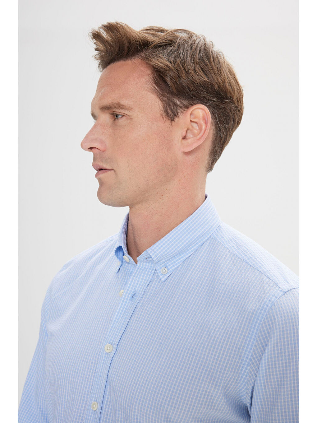 Erkek Beyaz-Mavi Comfort Fit Rahat Kesim Düğmeli Yaka Pamuklu Kareli Gömlek-3