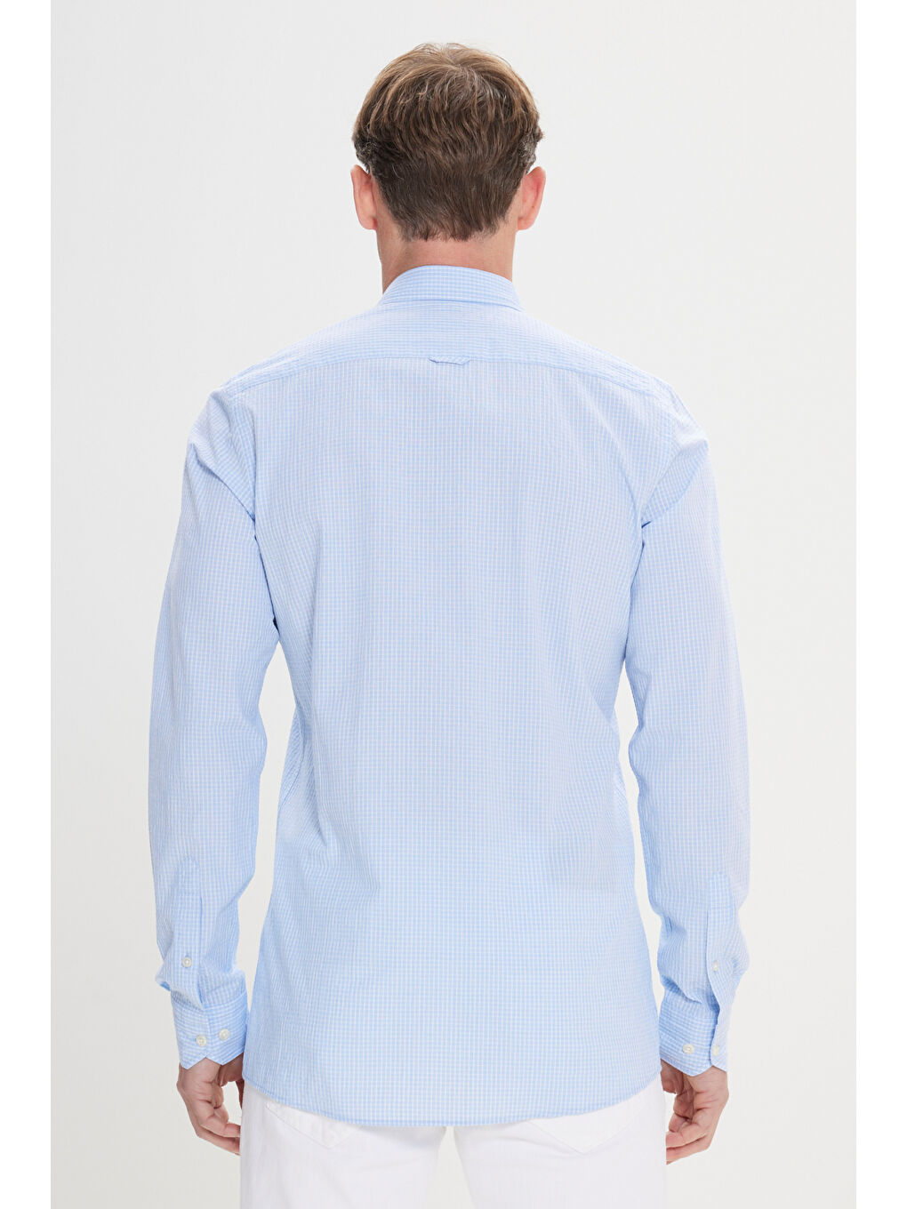 Erkek Beyaz-Mavi Comfort Fit Rahat Kesim Düğmeli Yaka Pamuklu Kareli Gömlek-4