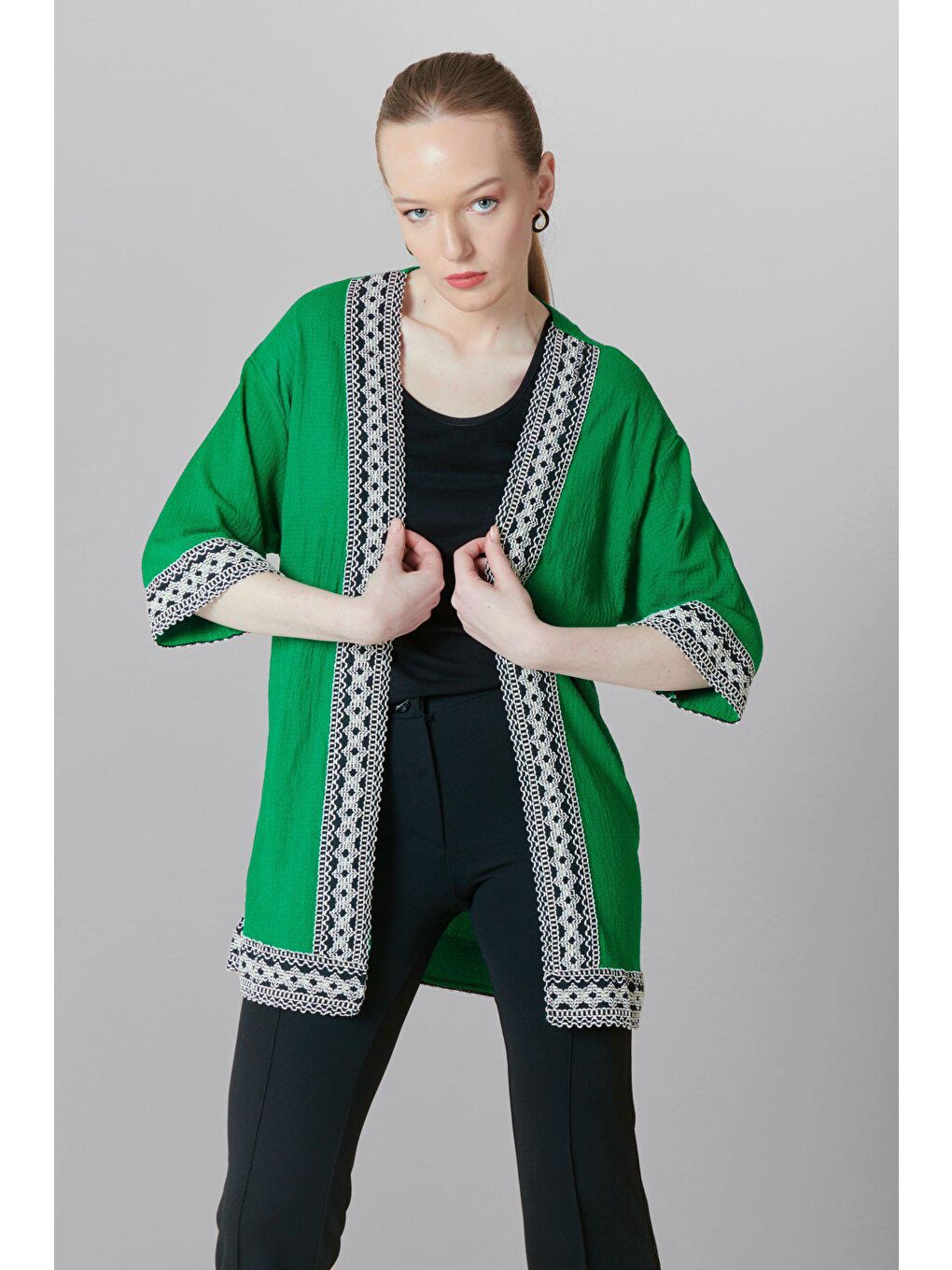 Yeşil 5866 Nakışlı örme KİMONO