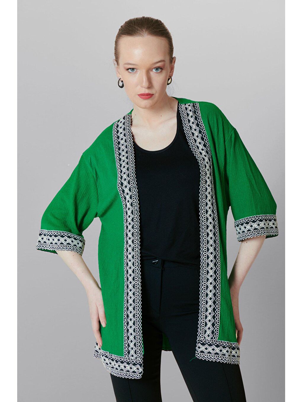 Yeşil 5866 Nakışlı örme KİMONO-1