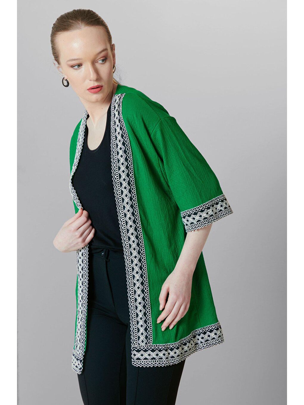 Yeşil 5866 Nakışlı örme KİMONO-2