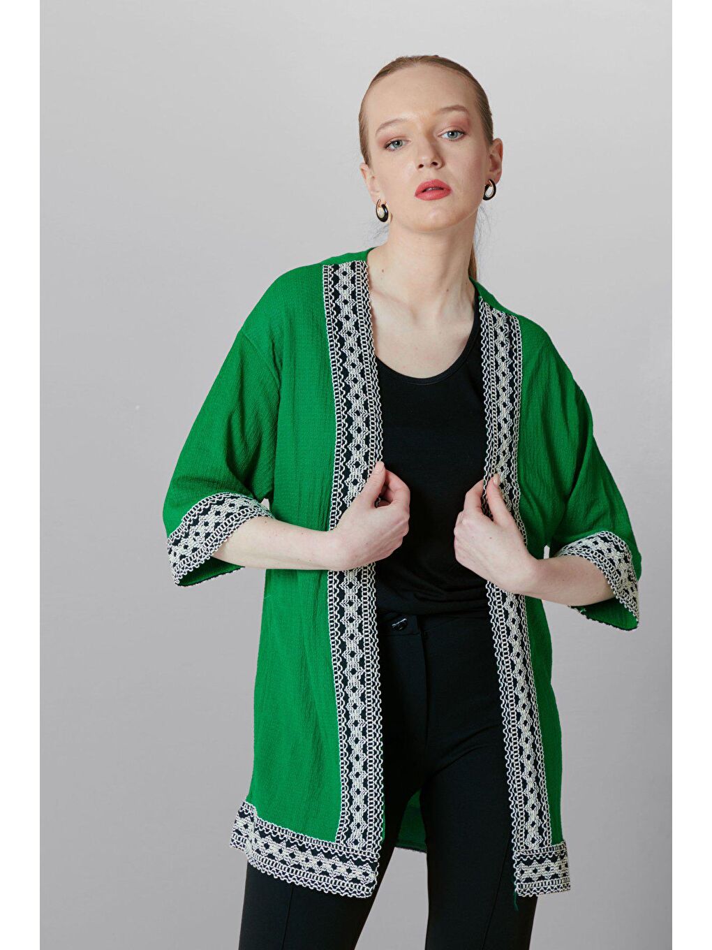 Yeşil 5866 Nakışlı örme KİMONO-3