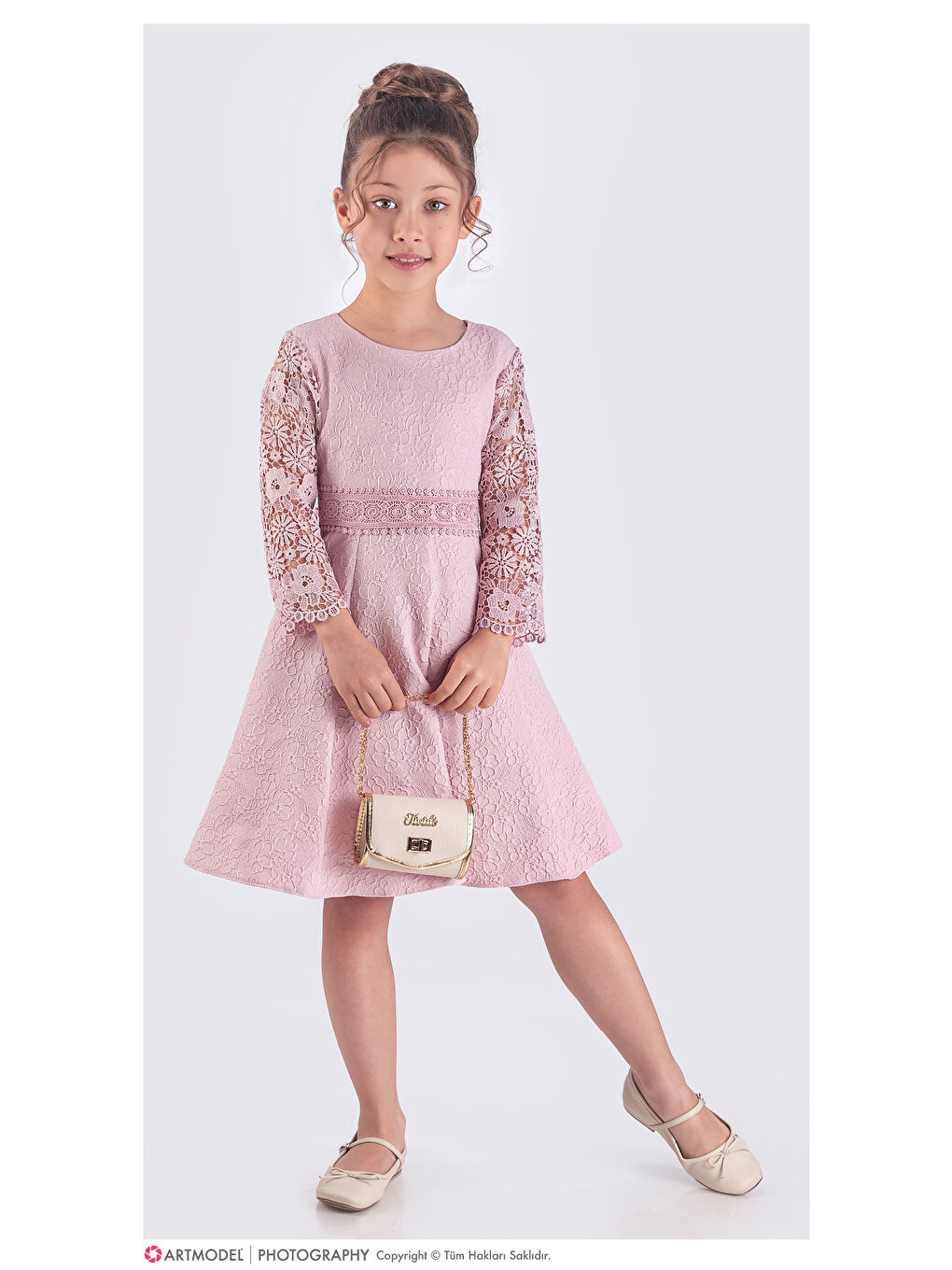 Pembe Kız Çocuk Çantalı Gupürlü Kapri Kollu Elbise ELB.2723-1