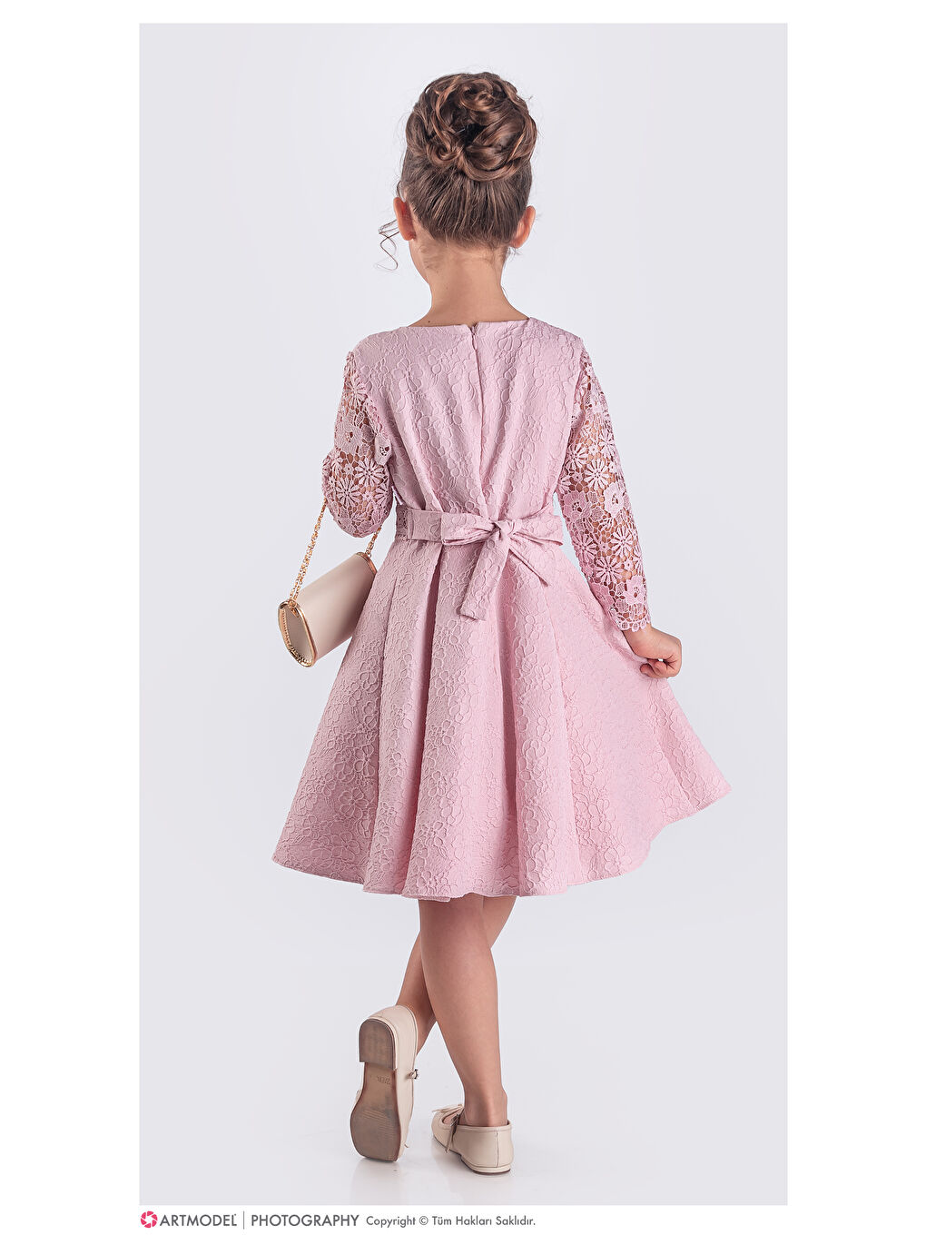 Pembe Kız Çocuk Çantalı Gupürlü Kapri Kollu Elbise ELB.2723-2