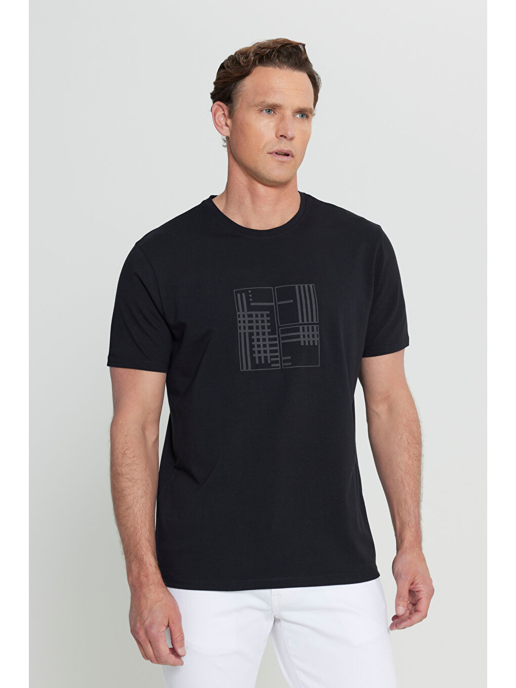 Erkek Siyah Pamuklu Slim Fit Dar Kesim Baskılı Esnek Tişört