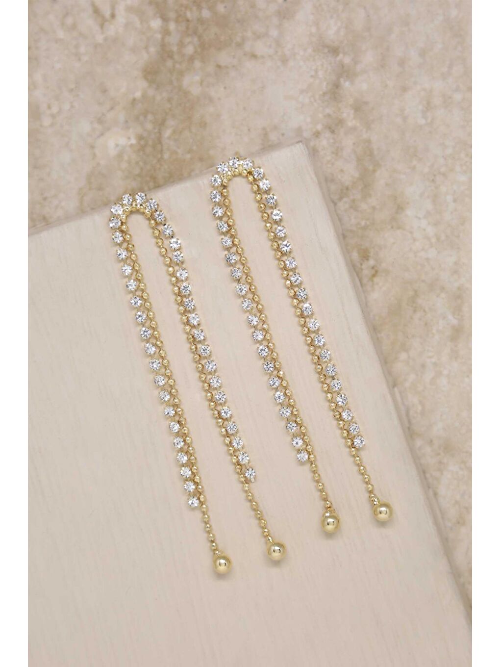 Sarı Kristal Taşlı Sallantılı Zarif Abiye Küpe-2