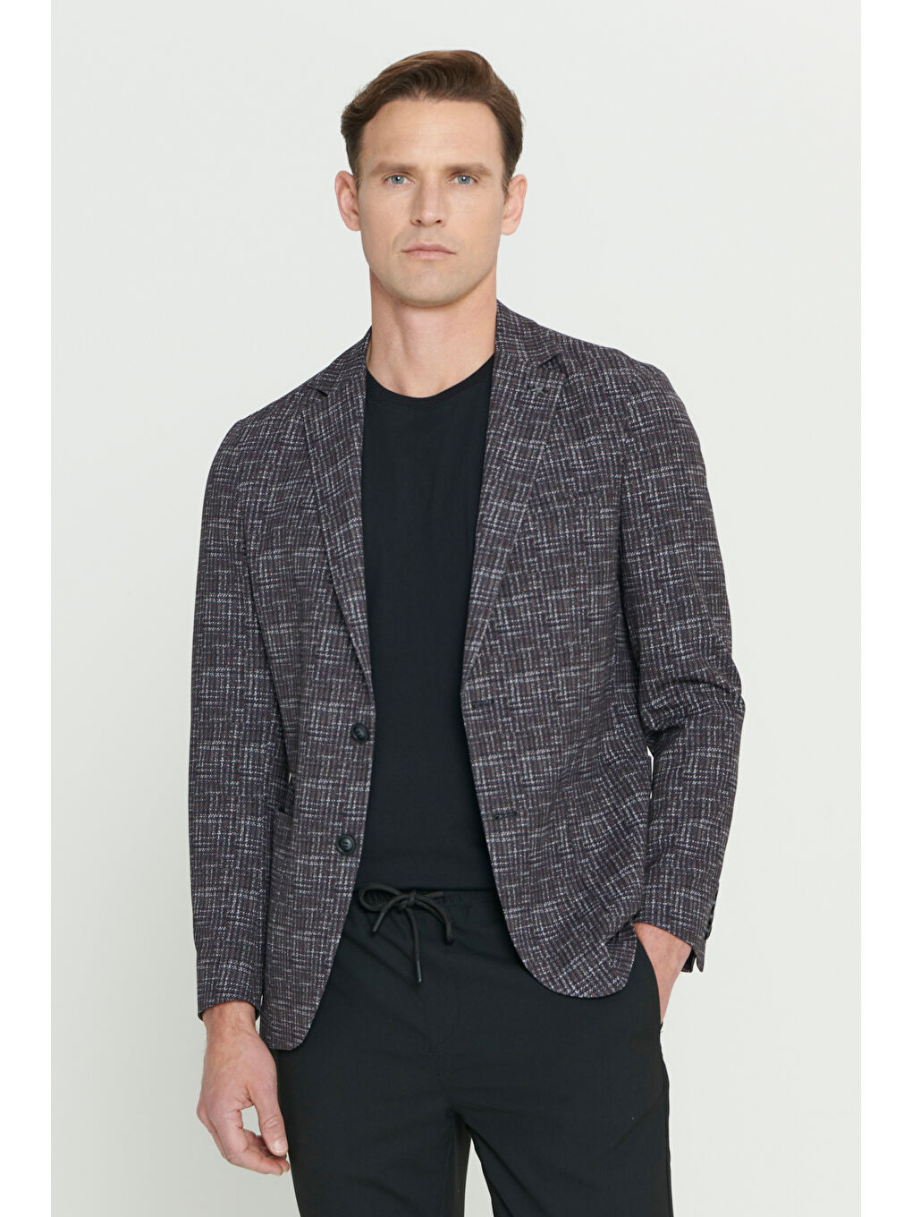 Erkek Bordo Slim Fit Dar Kesim Mono Yaka Kazayağı Desenli Ceket