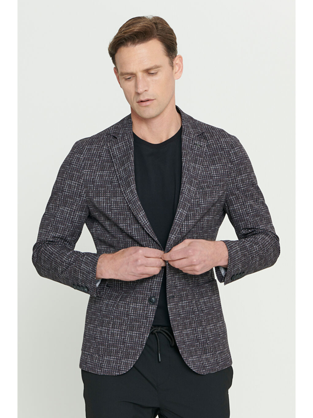 Erkek Bordo Slim Fit Dar Kesim Mono Yaka Kazayağı Desenli Ceket-2