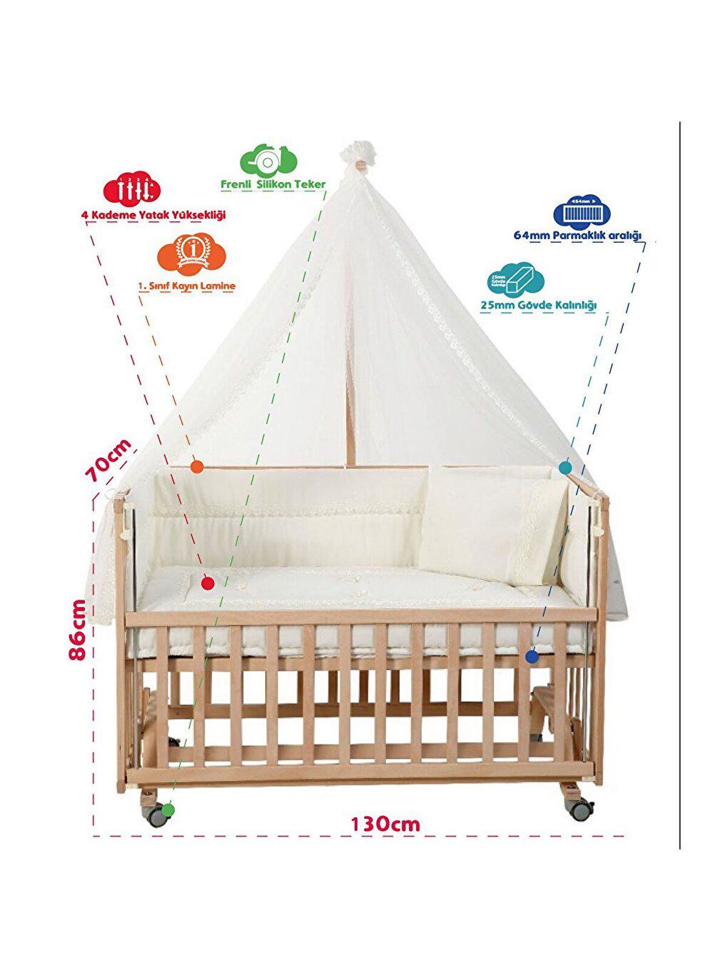 baby plus Doğal Ahşap Anne Yanı Bebek Karyolası 70x130 cm