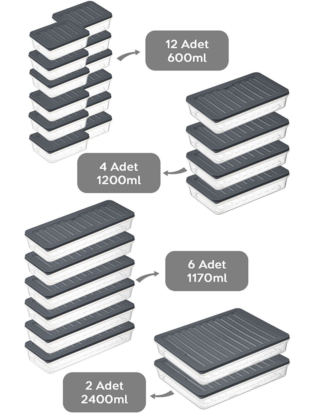 Mikrodalga ve Difriz Uyumlu 24 Parça Saklama Kabı Seti 2x2400Ml 4x1200Ml 6x1170Ml 12x600Ml  Antrasit-1