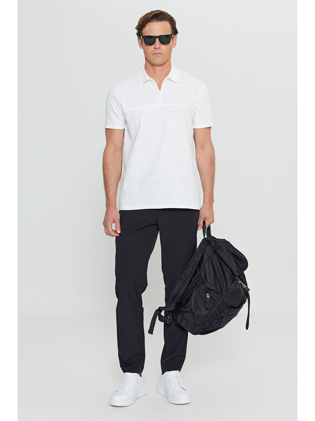 Erkek Ekru Pamuklu Slim Fit Dar Kesim Polo Yaka Jakarlı Esnek Tişört-3