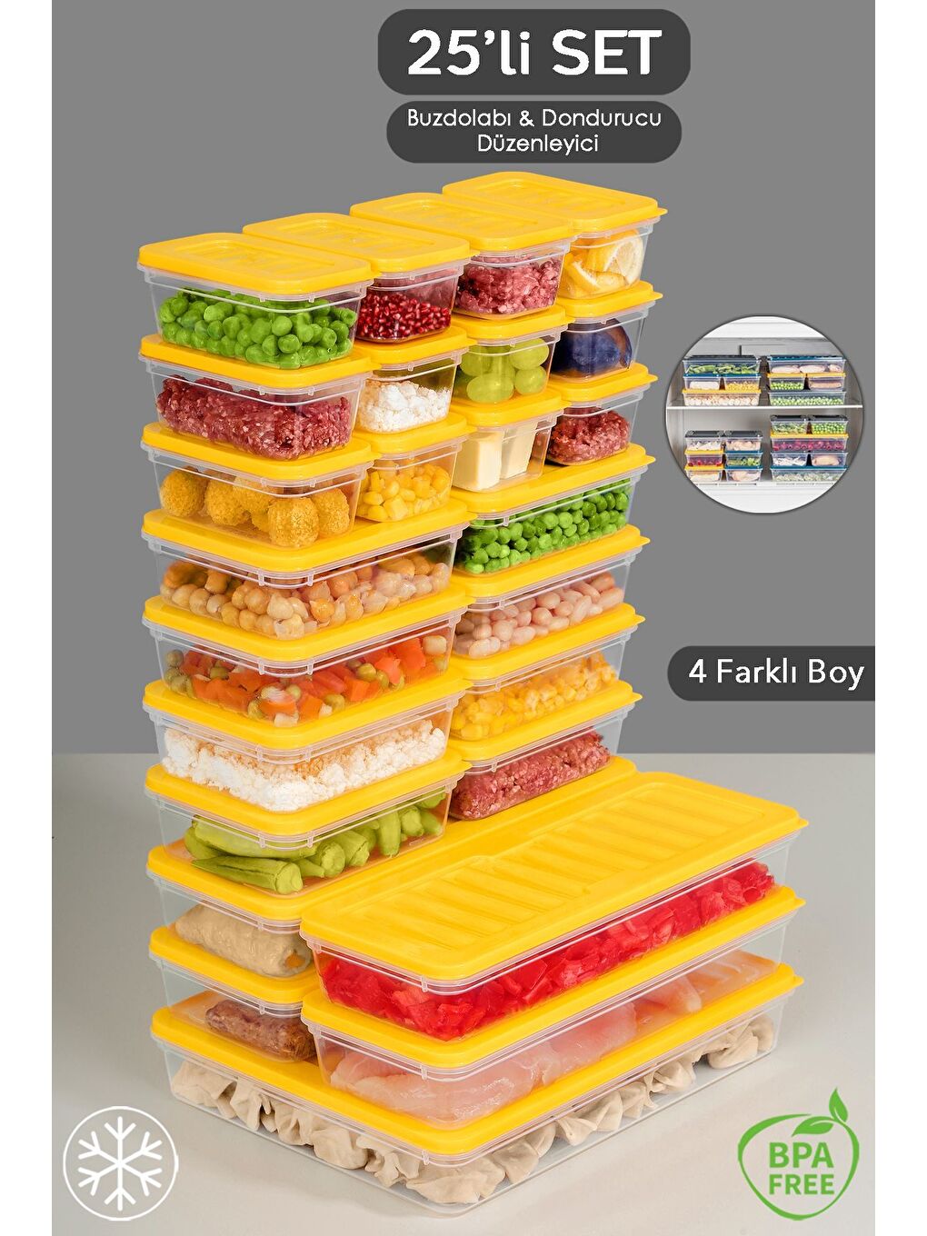 25 Parça Mikrodalga ve Difrize Uygun Saklama Kabı 1x2400 ml 4x1170 ml 8x600 ml 12x240 ml Sarı