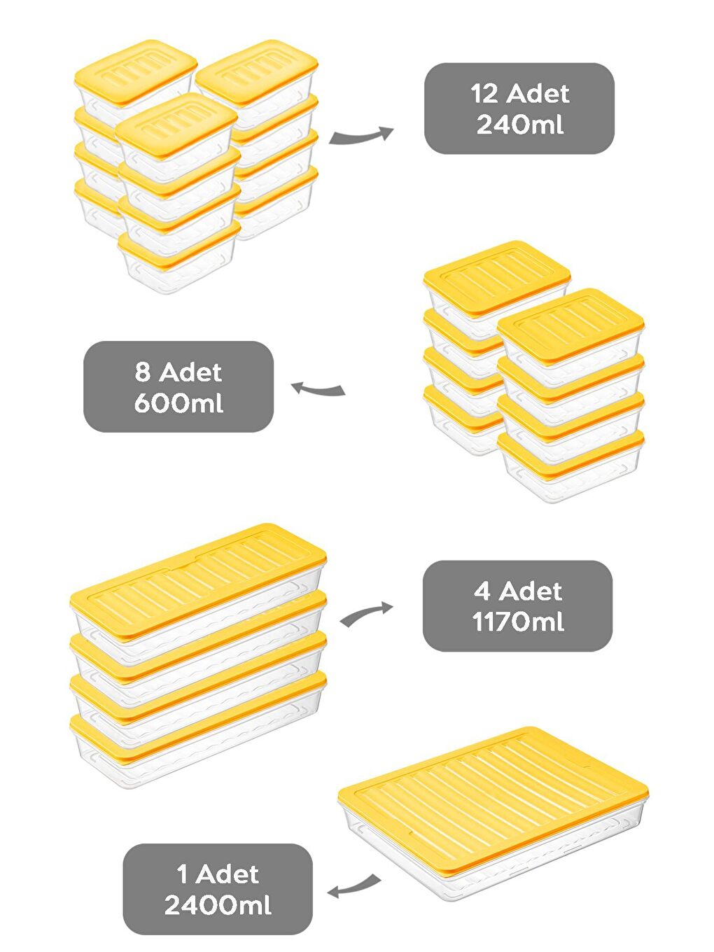 25 Parça Mikrodalga ve Difrize Uygun Saklama Kabı 1x2400 ml 4x1170 ml 8x600 ml 12x240 ml Sarı-1