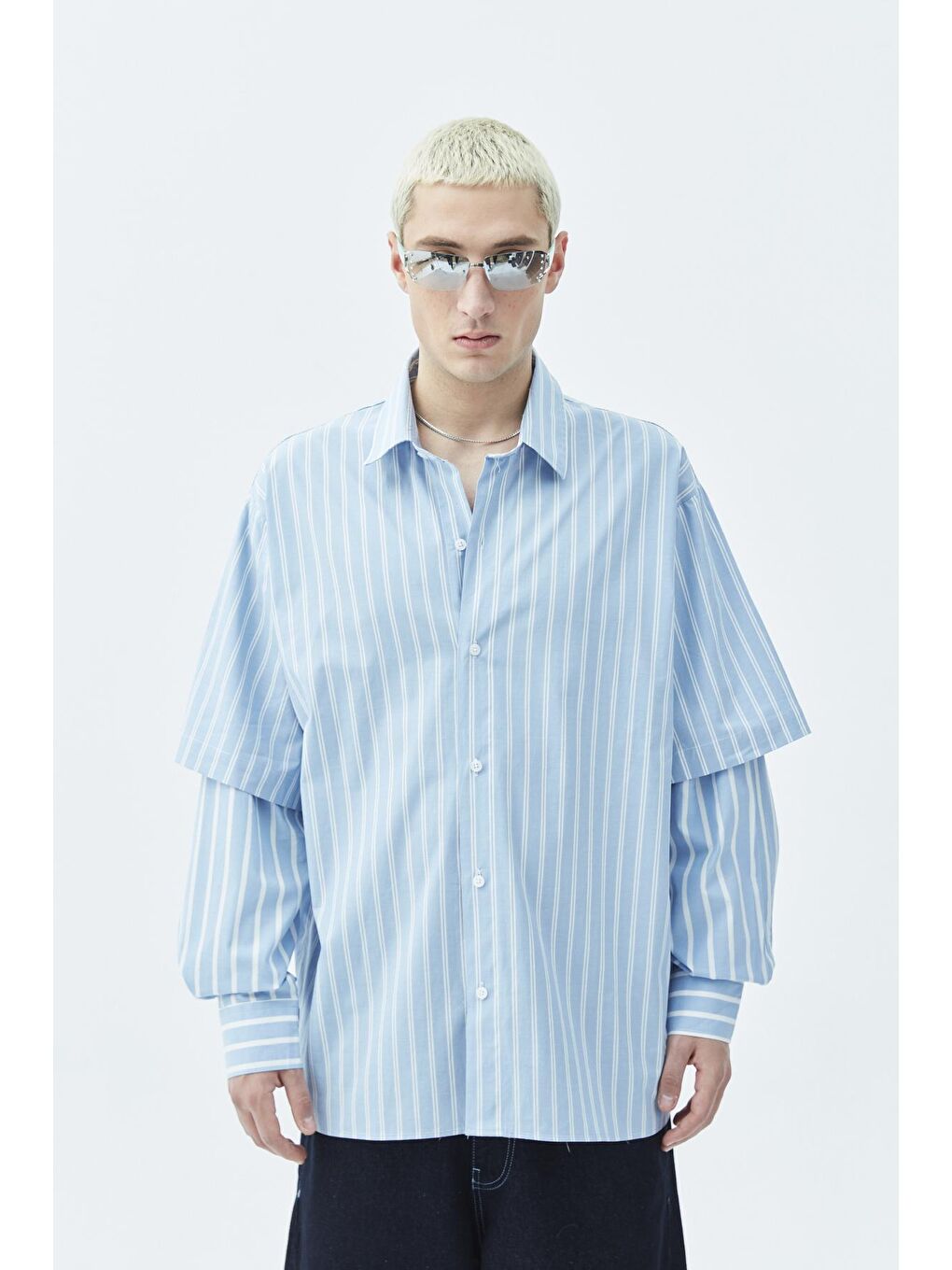 Mavi Kol Detaylı Oversize Çizgili Gömlek-mavi