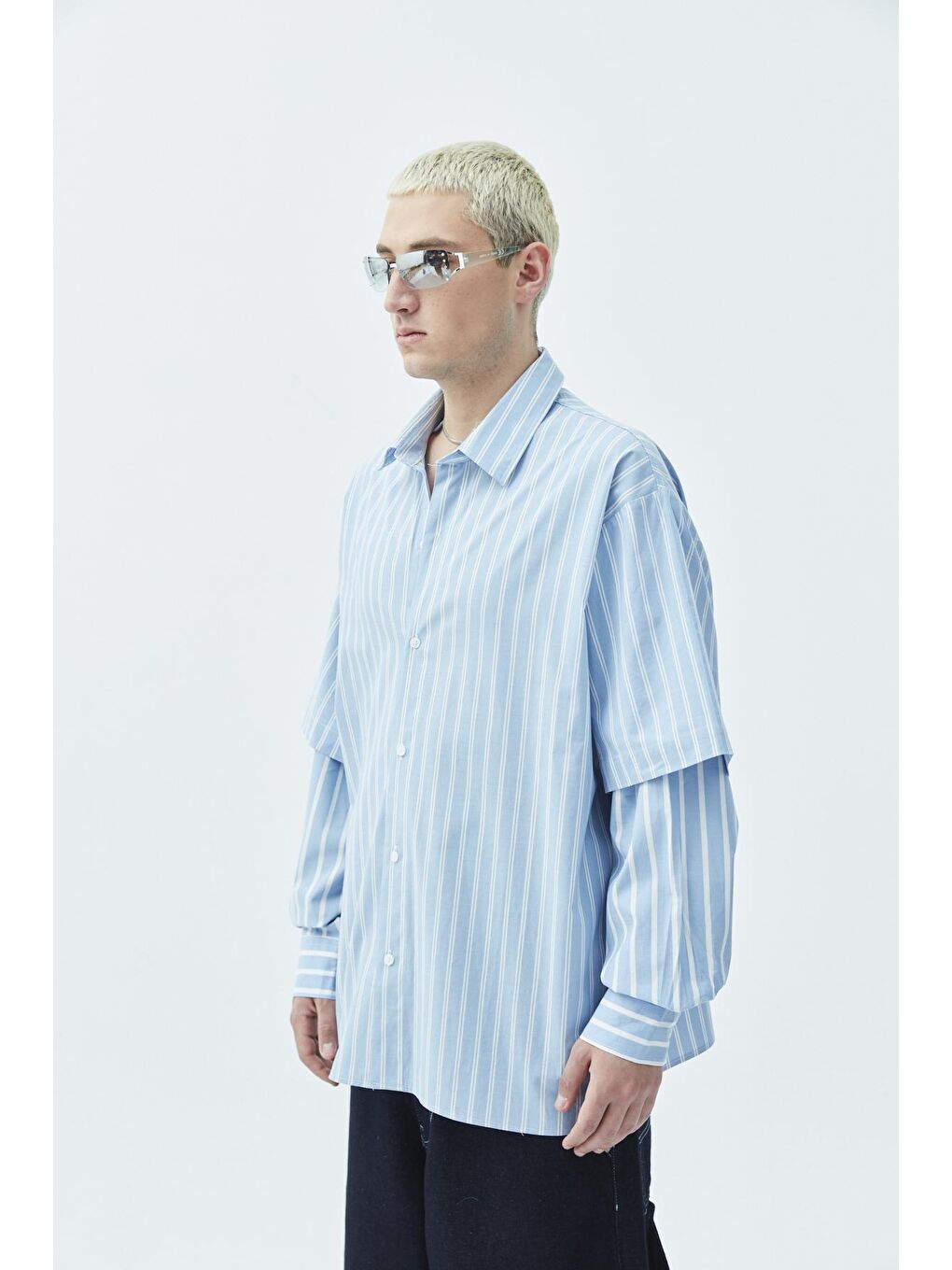 Mavi Kol Detaylı Oversize Çizgili Gömlek-mavi-1