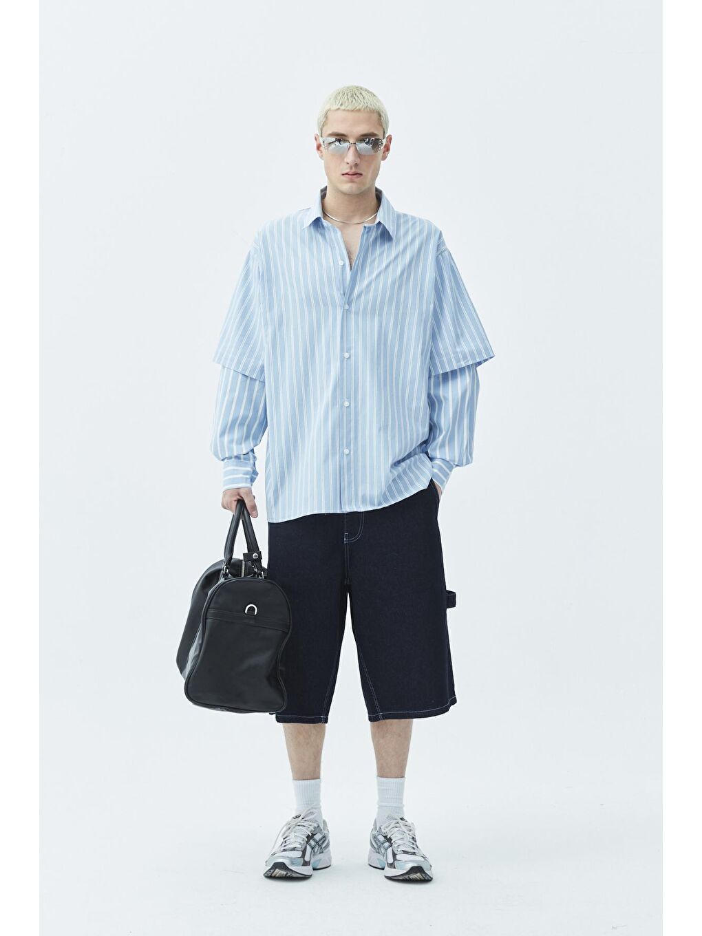 Mavi Kol Detaylı Oversize Çizgili Gömlek-mavi-2