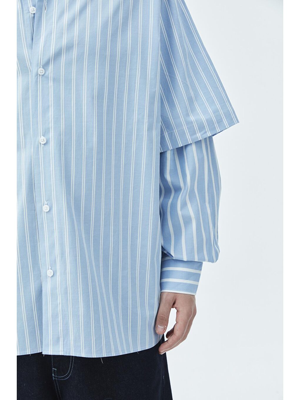 Mavi Kol Detaylı Oversize Çizgili Gömlek-mavi-3